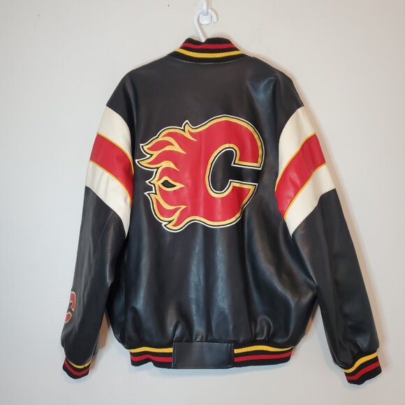 Calgary Flames NHL Faux Leather Bomber Jacket Black Size XL - Picture 2 of 6